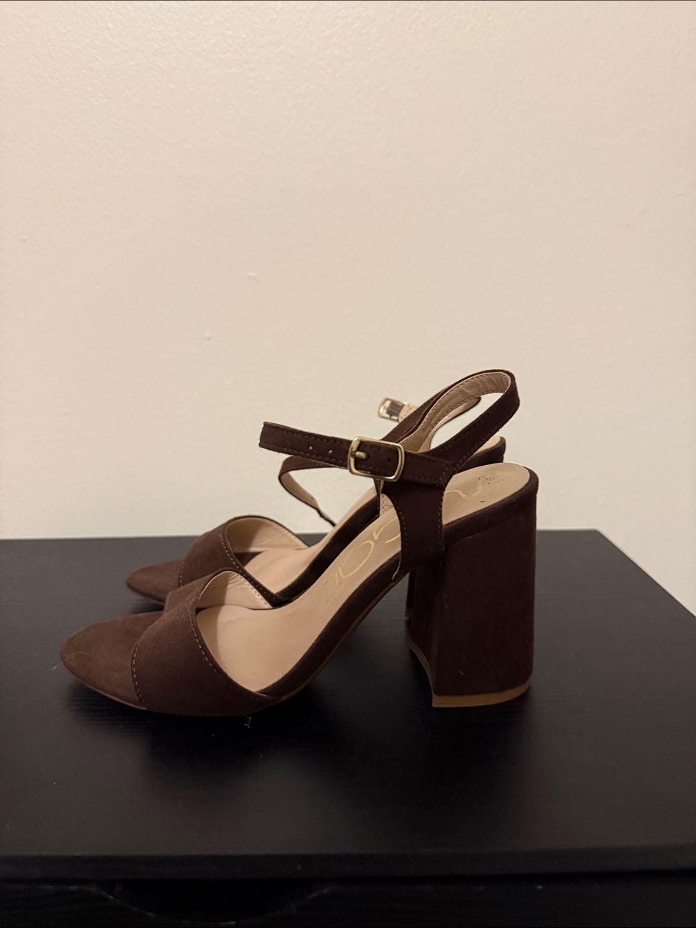 Sugar Brown Suede Block Heel Sandals with Ankle Strap